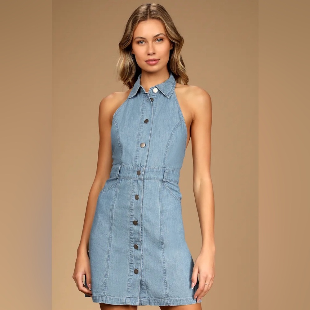 Free People Sami Denim Halter Mini Dress | Size L